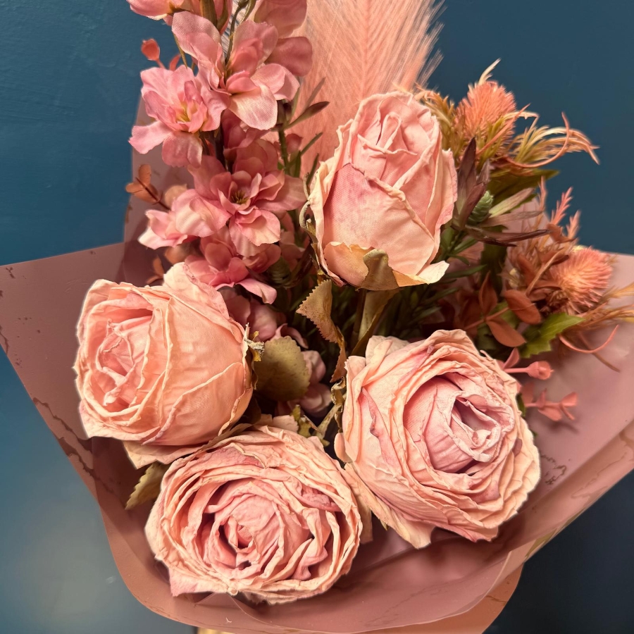 Pink silk flower bouquet with everlasting flowers and dried style textures gift wrapped