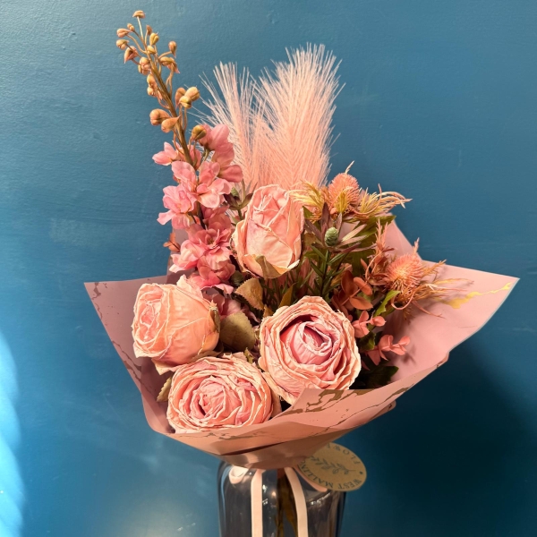Pink silk flower bouquet with everlasting flowers and dried style textures gift wrapped