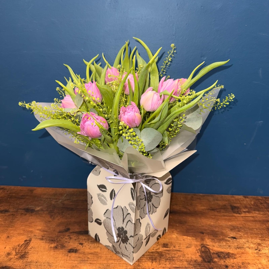 Mini tulip bouquet in grey box with fresh spring tulips