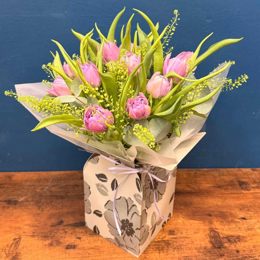 Mini tulip bouquet in grey box with fresh spring tulips