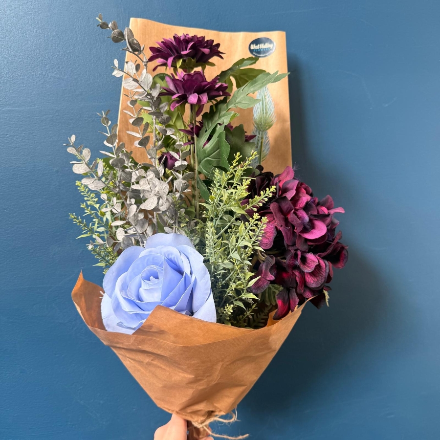 Gift wrapped silk flower bouquets with everlasting artificial flowers in mixed colours and styles