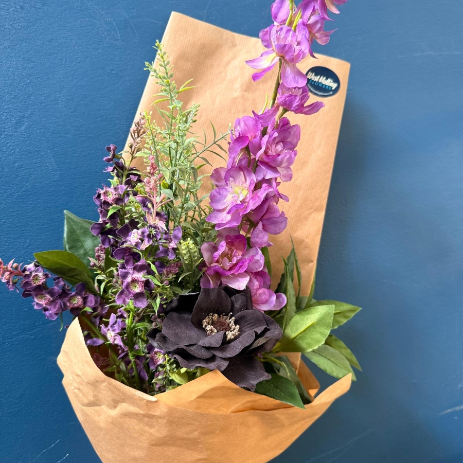 Gift wrapped silk flower bouquets with everlasting artificial flowers in mixed colours and styles