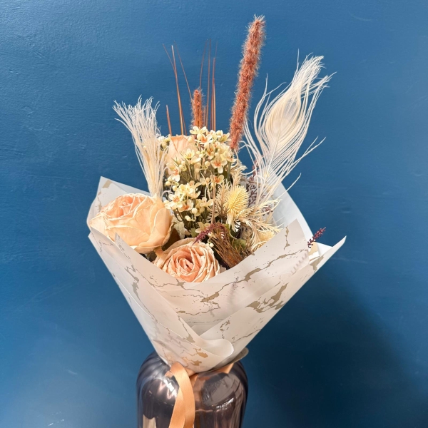 Neutral silk flower bouquet with cream everlasting flowers and dried style textures