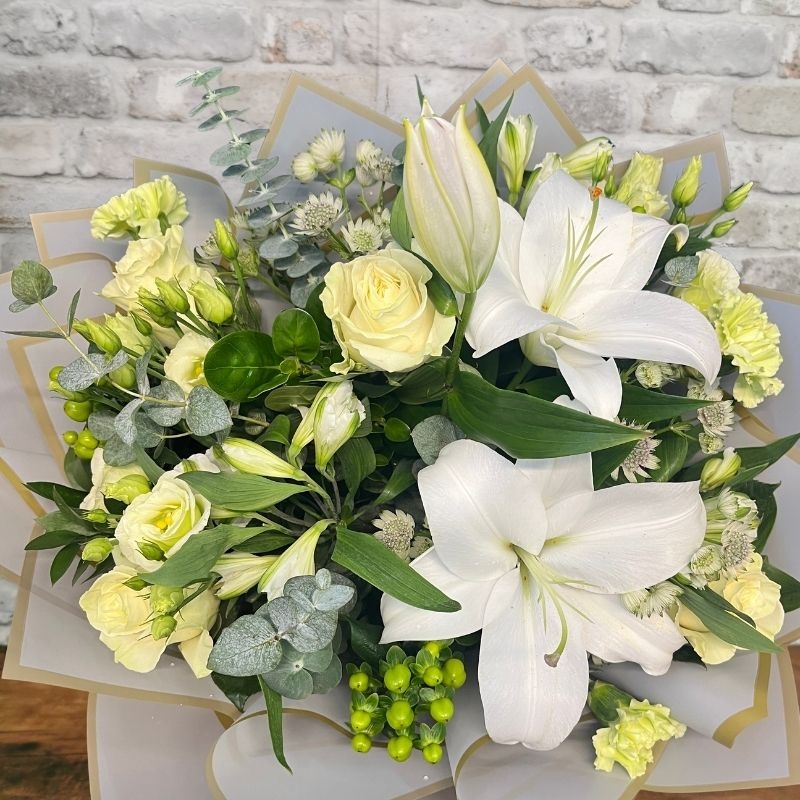 white and green Valentine’s hand-tied bouquet from West Malling Flowers