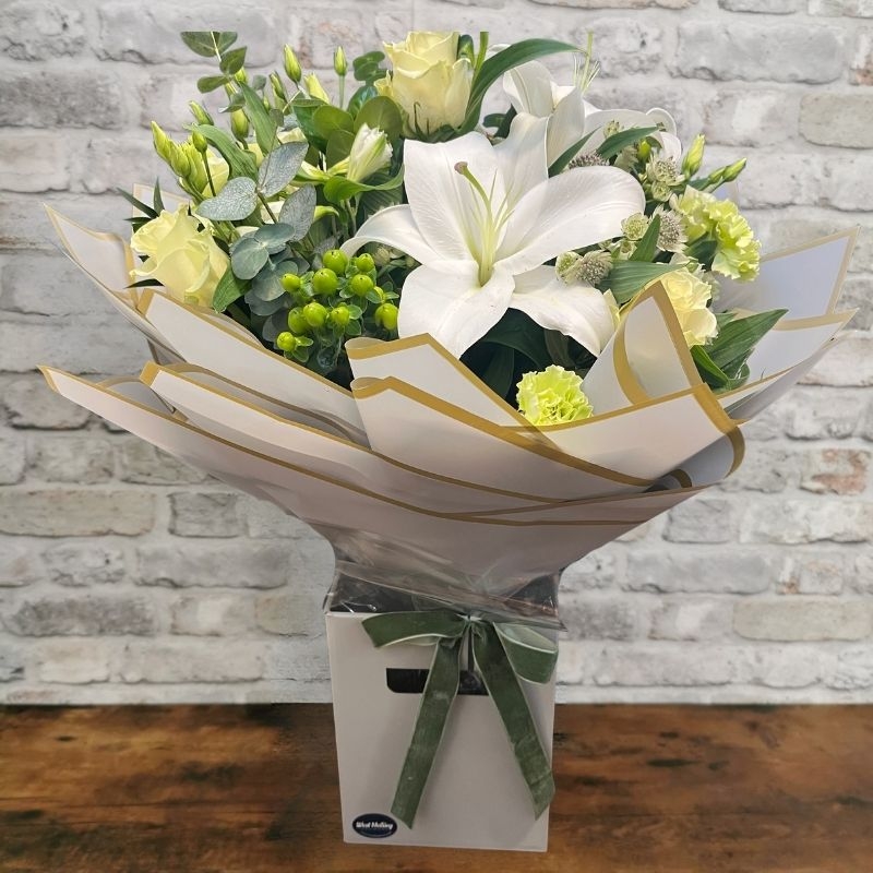white and green Valentine’s hand-tied bouquet from West Malling Flowers