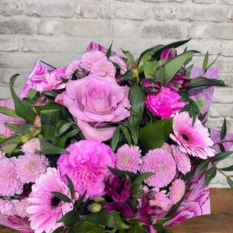 all pink Valentine’s hand-tied bouquet from West Malling Flowers