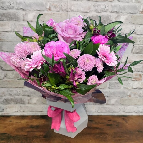 all pink Valentine’s hand-tied bouquet from West Malling Flowers