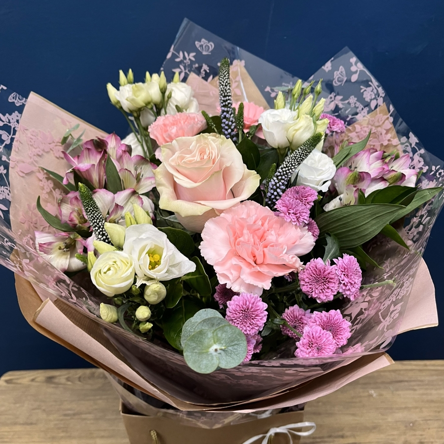 soft pink and white hand-tied bouquet West Malling Flowers
