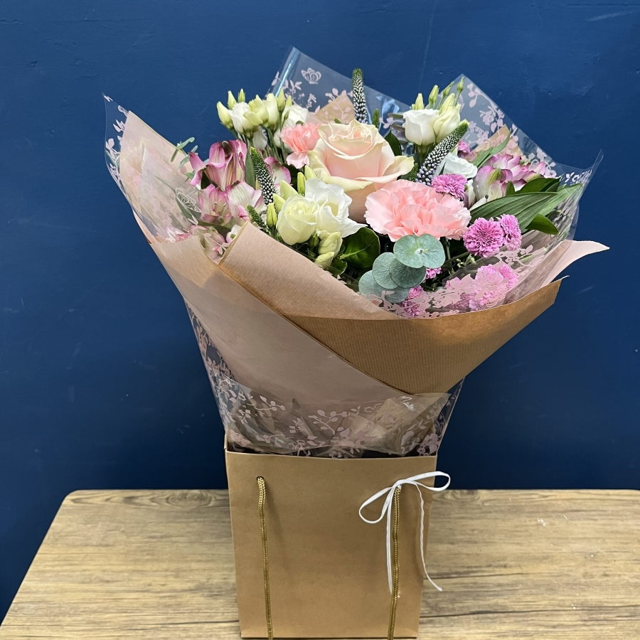soft pink and white hand-tied bouquet West Malling Flowers