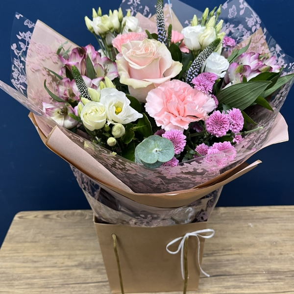 soft pink and white hand-tied bouquet West Malling Flowers