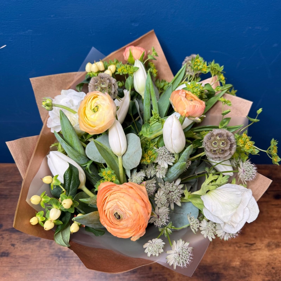 Spring hand tied bouquet for Mother’s Day with fresh seasonal flowers in a light elegant colour palette, West Malling florist