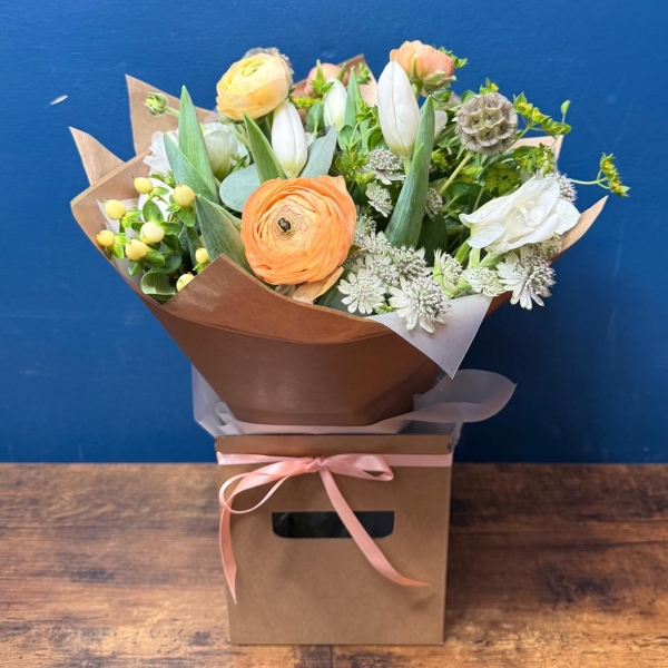 Spring hand tied bouquet for Mother’s Day with fresh seasonal flowers in a light elegant colour palette, West Malling florist