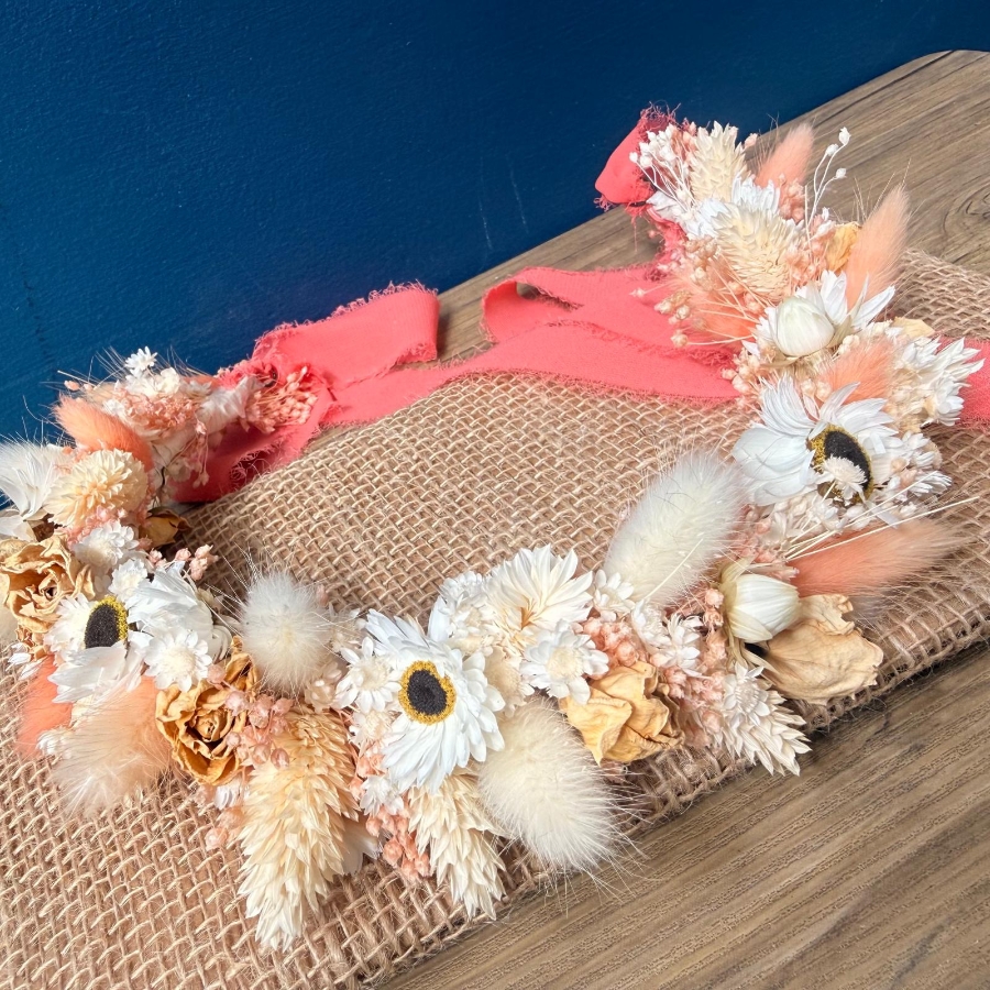 Dried flower crown headband with peach cream and blush everlasting flowers