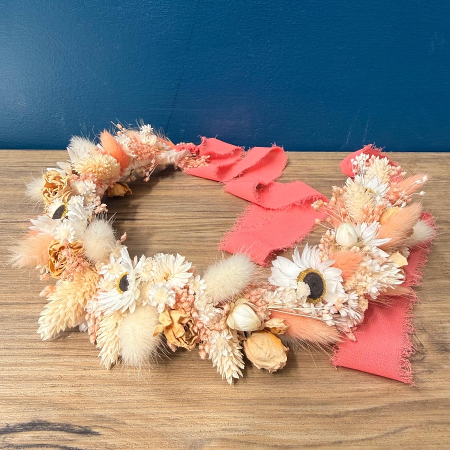 Dried flower crown headband with peach cream and blush everlasting flowers