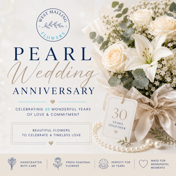 Pearl wedding anniversary flower bouquet by West Malling Flowers