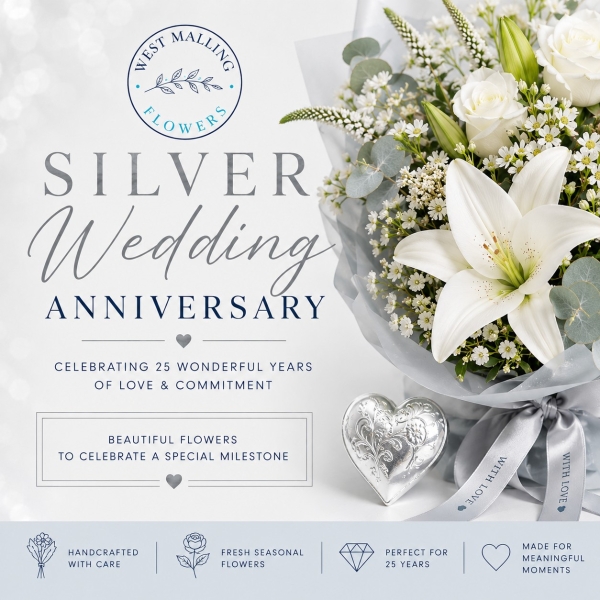 Elegant silver wedding anniversary bouquet by West Malling Flowers