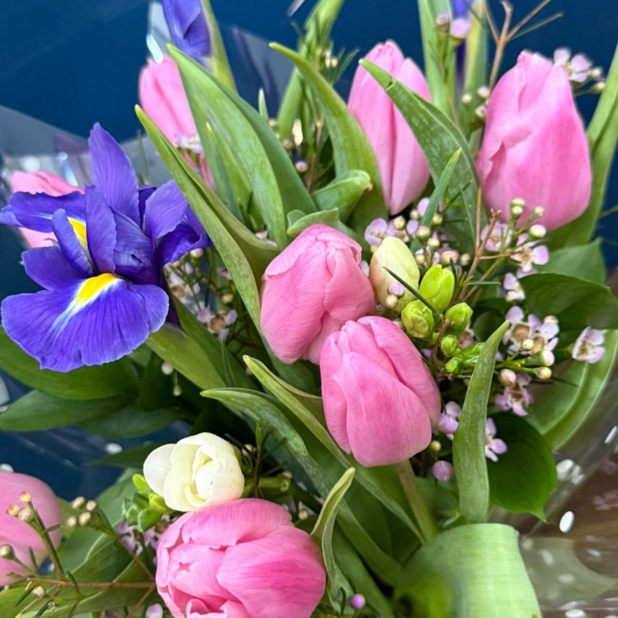 Pastel spring mini hand tied bouquet in pink and white flowers