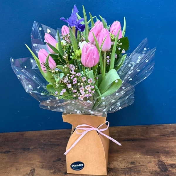 Pastel spring mini hand tied bouquet in pink and white flowers