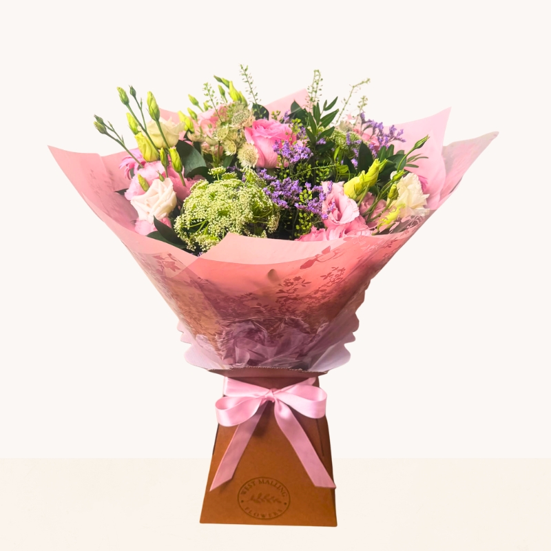 Summer Blush pastel hand-tied bouquet with soft pink, cream and lilac seasonal flowers