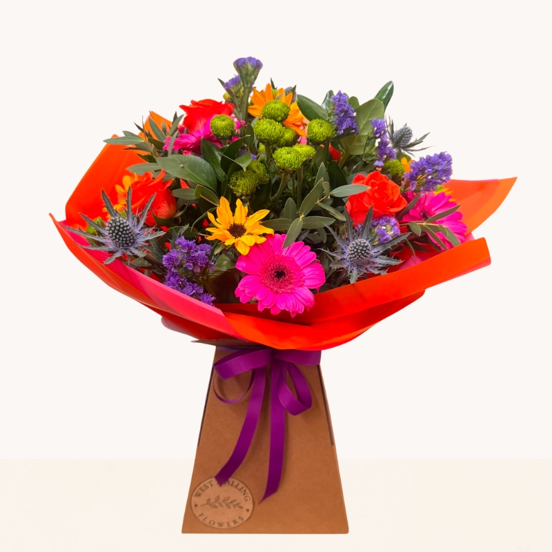Summer Splash vibrant hand-tied bouquet with bright pink, orange, purple and blue seasonal flowers