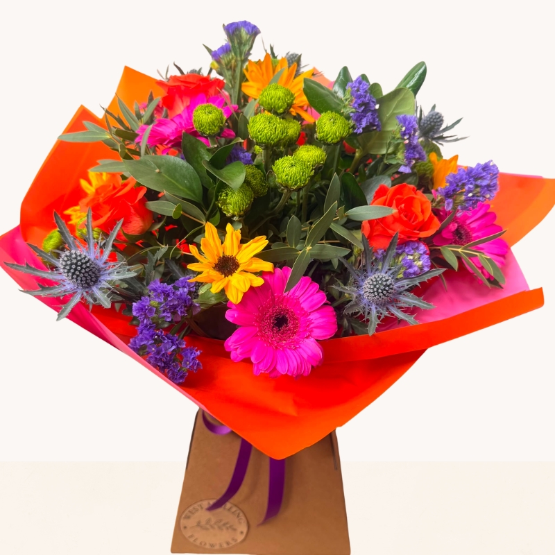 Summer Splash vibrant hand-tied bouquet with bright pink, orange, purple and blue seasonal flowers