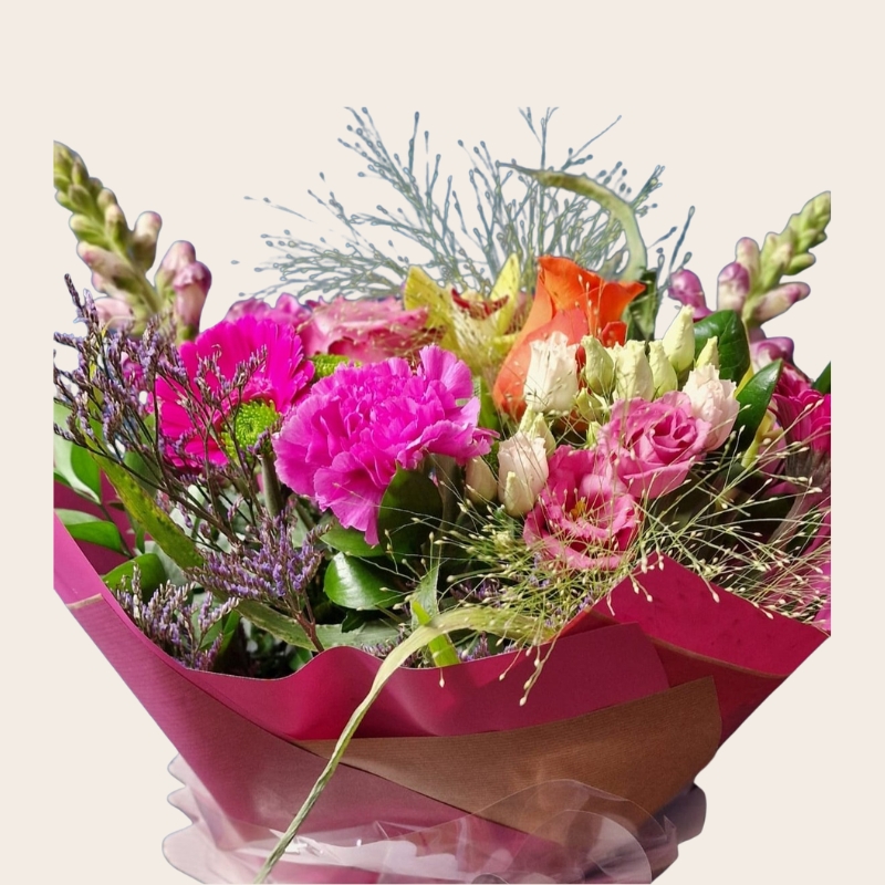 Bright summer hand tied bouquet with cerise purple orange and lime seasonal flowers