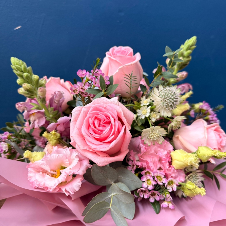 Pink hat box flower arrangement for Mother’s Day with romantic pastel seasonal flowers, Paris collection West Malling florist