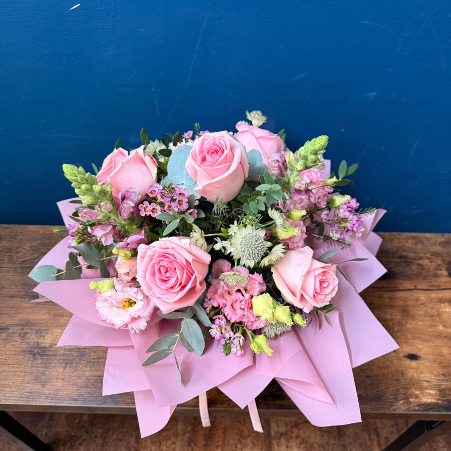 Pink hat box flower arrangement for Mother’s Day with romantic pastel seasonal flowers, Paris collection West Malling florist