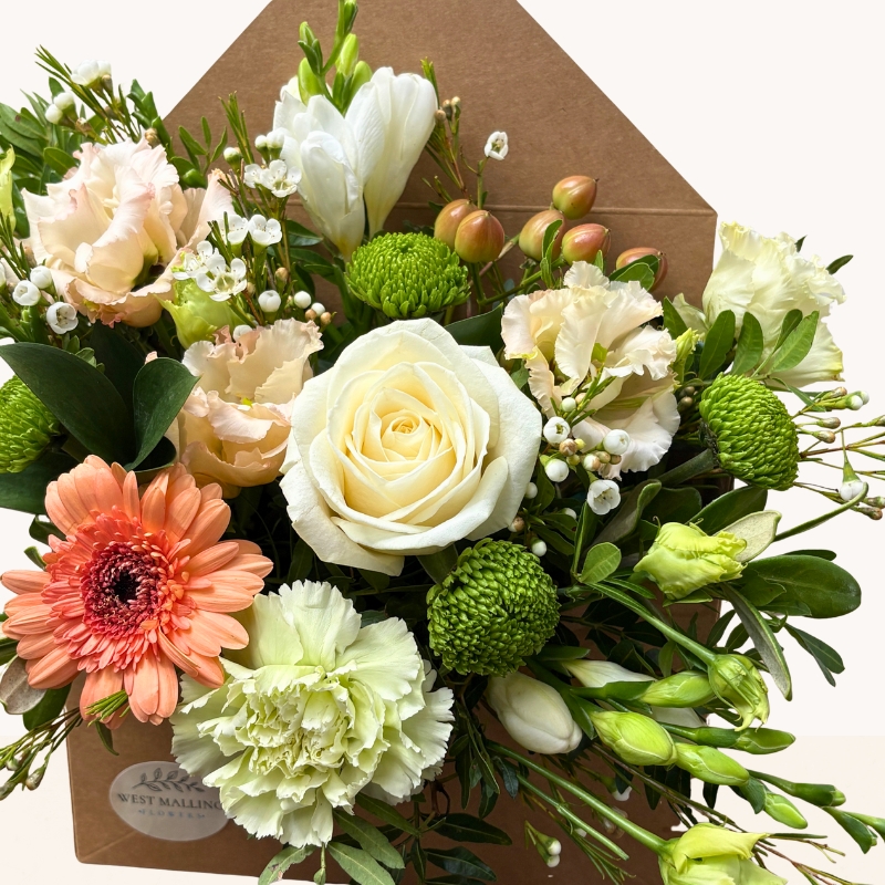 Summer Glow flower envelope with peach, cream, white and green seasonal flowers with optional chocolates