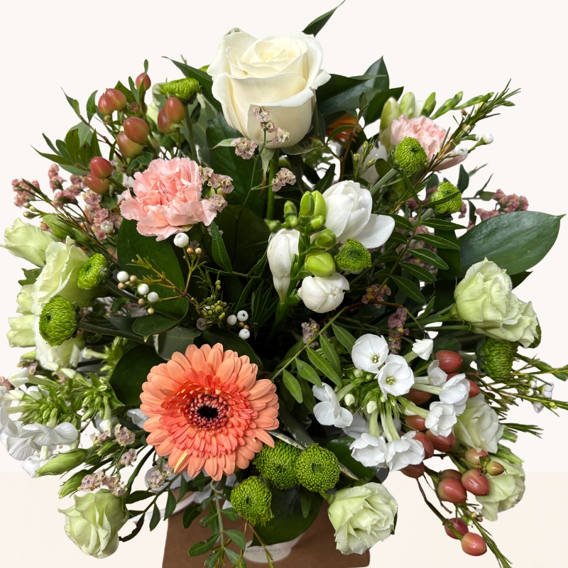 Summer Glow flower box arrangement with peach, white and green seasonal flowers by West Malling Flowers