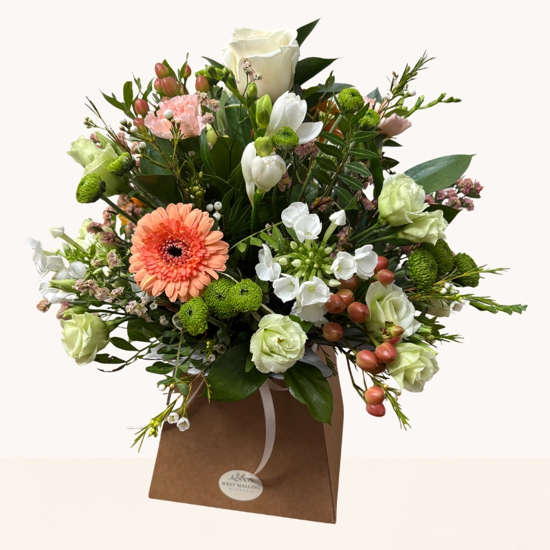 Summer Glow flower box arrangement with peach, white and green seasonal flowers by West Malling Flowers