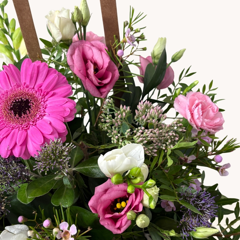 Summer Splash flower bag arrangement with vibrant pink, purple and white seasonal flowers by West Malling Flowers