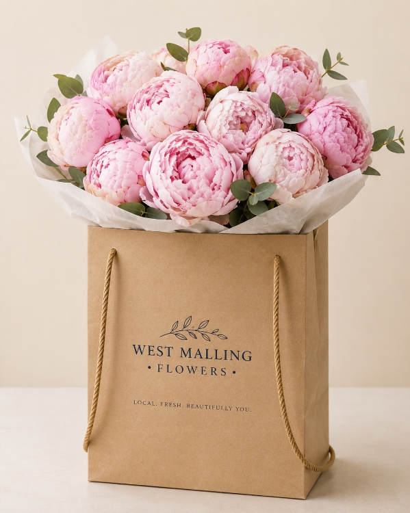 Luxury Sarah Bernhardt peony bouquet with soft blush pink seasonal peonies