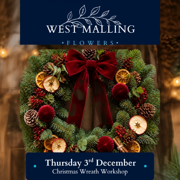 Fresh Christmas wreath for West Malling Flowers wreath making workshop at Kings Hill Golf Club in Kent