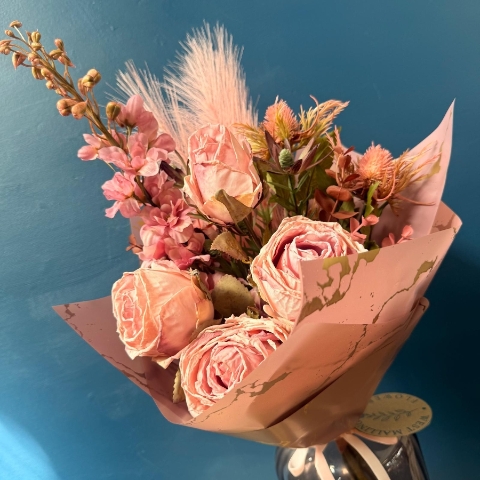 Pink silk flower bouquet with everlasting flowers and dried style textures gift wrapped