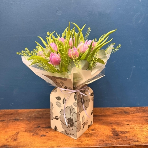 Mini tulip bouquet in grey box with fresh spring tulips