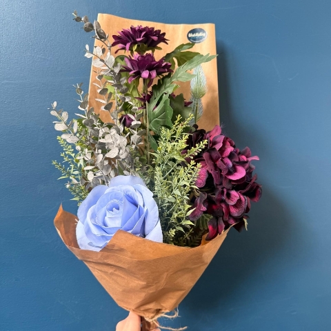Gift wrapped silk flower bouquets with everlasting artificial flowers in mixed colours and styles