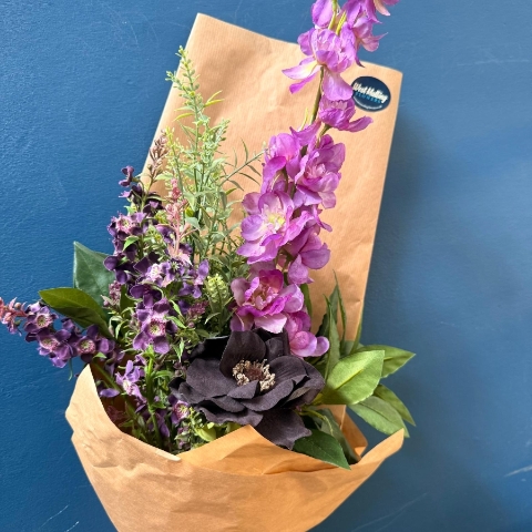 Gift wrapped silk flower bouquets with everlasting artificial flowers in mixed colours and styles
