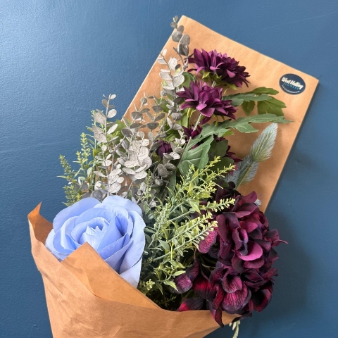 Gift wrapped silk flower bouquets with everlasting artificial flowers in mixed colours and styles