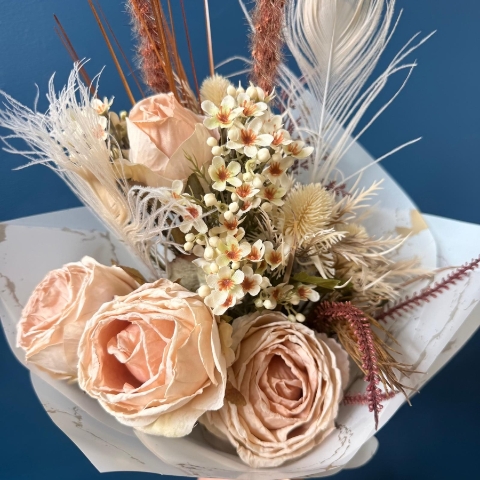 Neutral silk flower bouquet with cream everlasting flowers and dried style textures