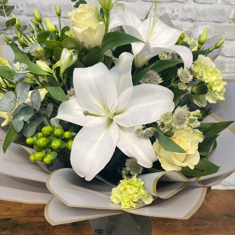 white and green Valentine’s hand-tied bouquet from West Malling Flowers