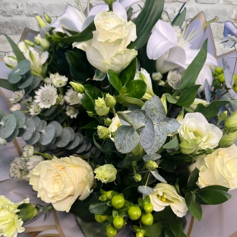white and green Valentine’s hand-tied bouquet from West Malling Flowers