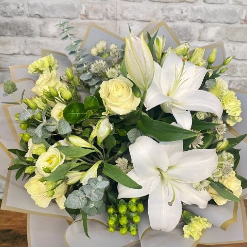 white and green Valentine’s hand-tied bouquet from West Malling Flowers