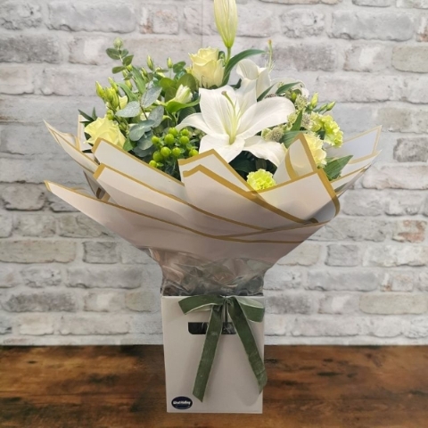 white and green Valentine’s hand-tied bouquet from West Malling Flowers