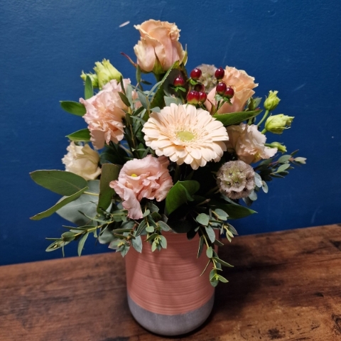 Mother’s Day pot flower arrangement with rich seasonal flowers and foliage, Rome collection West Malling florist