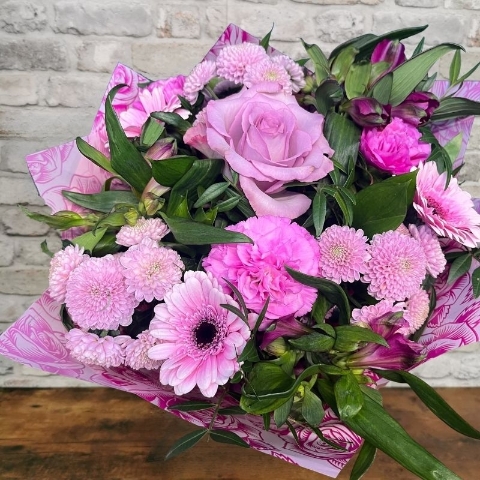 all pink Valentine’s hand-tied bouquet from West Malling Flowers