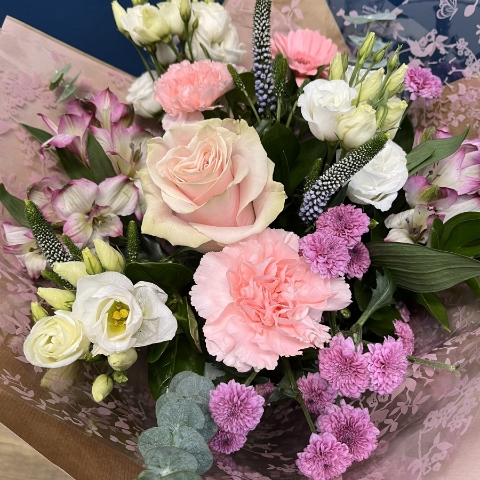 soft pink and white hand-tied bouquet West Malling Flowers