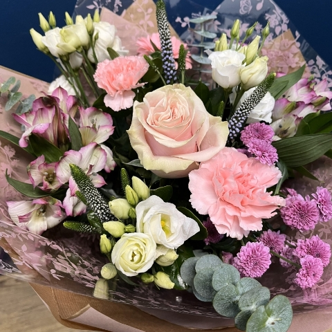 soft pink and white hand-tied bouquet West Malling Flowers