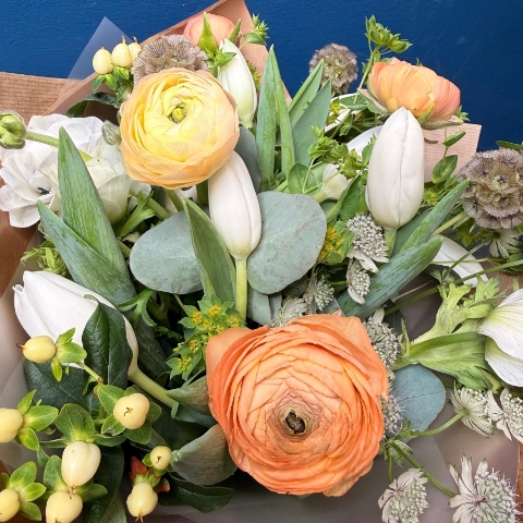 Spring hand tied bouquet for Mother’s Day with fresh seasonal flowers in a light elegant colour palette, West Malling florist