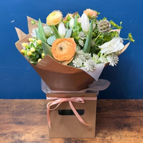 Spring hand tied bouquet for Mother’s Day with fresh seasonal flowers in a light elegant colour palette, West Malling florist